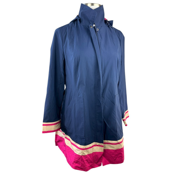 Chico's Hooded Rain Jacket Pleated Back Striped Hem Full Zip Navy Sz 2 US 12/14 - Picture 7 of 15